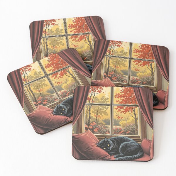 Item preview, Black Cat on the Burgundy Window Seat, Cosy Autumn designed and sold by GildedFolio.
