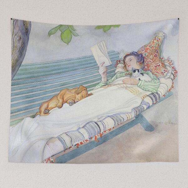 Item preview, Vintage Woman Reading Wall Art, Woman Lying on a Bench by Carl Larsson, Scandinavian Art Print designed and sold by RickE.