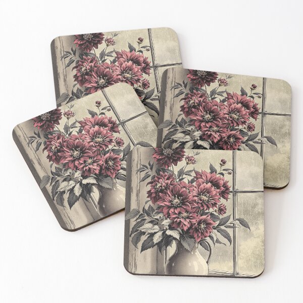 Item preview, Burgundy Dahlias by the Rainy Window, Moody Autumn Flowers designed and sold by GildedFolio.