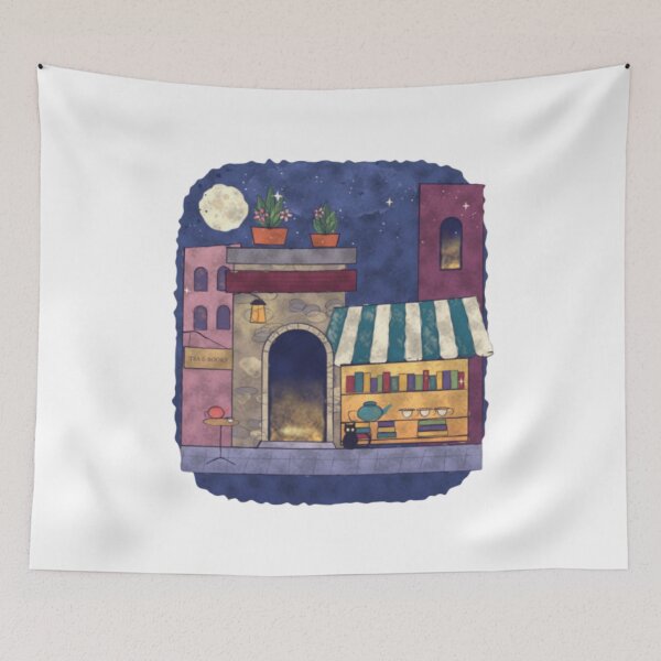 Item preview, Cozy Tea & Books Shop Midnight Village Whimsical Celestial Illustration designed and sold by Noctilune.