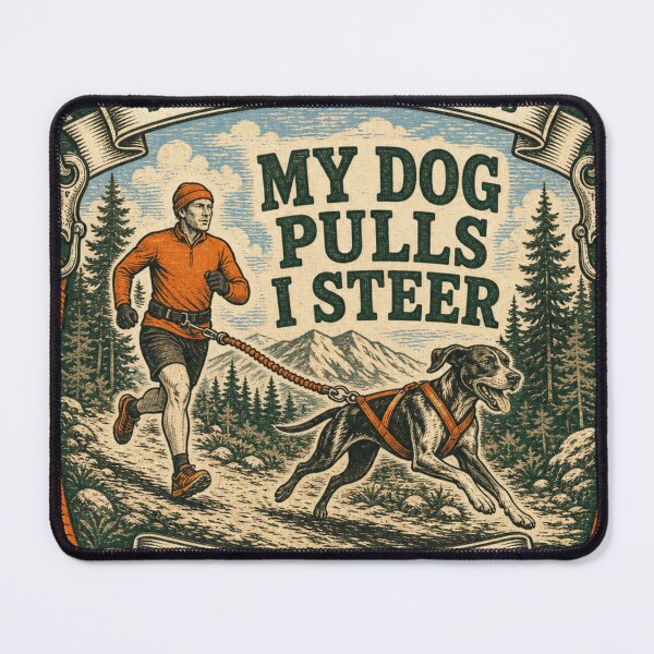 Item preview, My Dog Pulls I Steer Funny Canicross Runner Trail Badge designed and sold by BoosterShop.