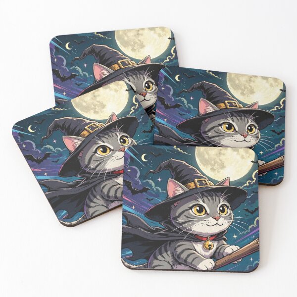Item preview, Witch Cat Riding Broomstick Halloween Full Moon designed and sold by Neon Bones Studio.