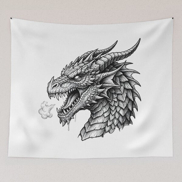 Item preview, Drooling Dragon Head - Spiked Mane Dotwork Ink Portrait designed and sold by DragonSerpent Ink.