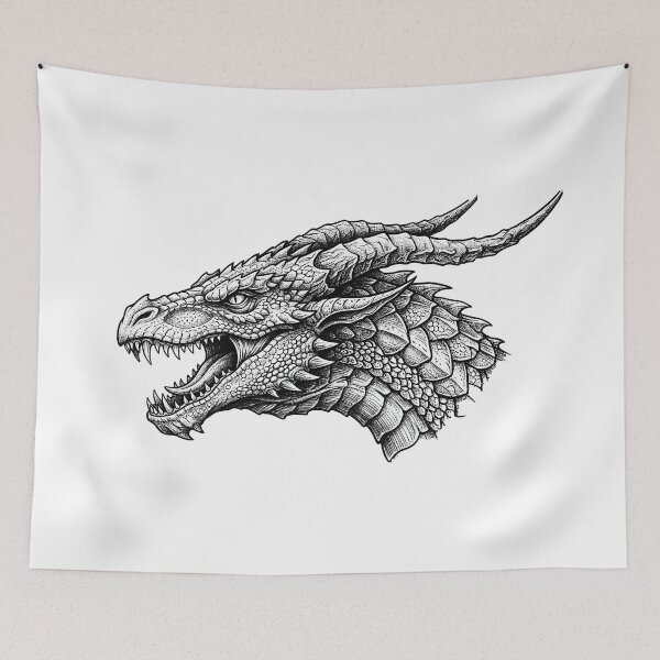 Item preview, Horned Dragon Head Profile - Wide Dotwork Ink Portrait designed and sold by DragonSerpent Ink.