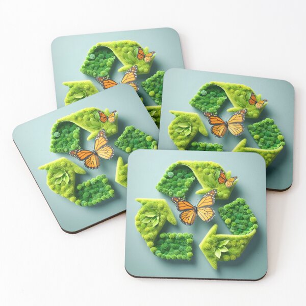 Item preview, A green textured recycling symbol with two orange butterflies against a teal background designed and sold by homydesign.