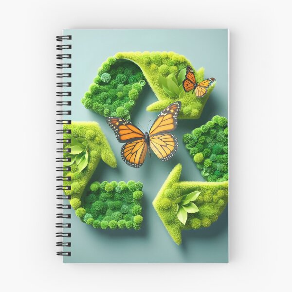 Item preview, A green textured recycling symbol with two orange butterflies against a teal background designed and sold by homydesign.