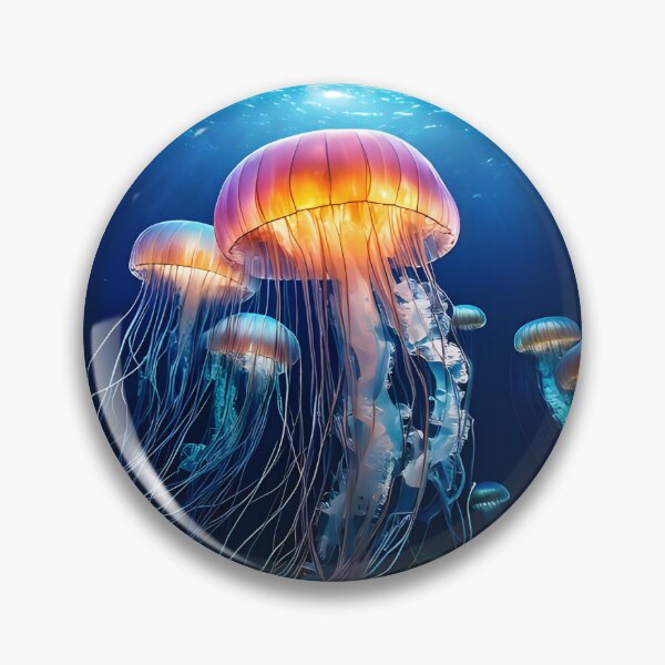 Item preview, A group of jellyfish with glowing orange caps float gracefully in the deep blue ocean, their long tentacles trailing in the water designed and sold by homydesign.