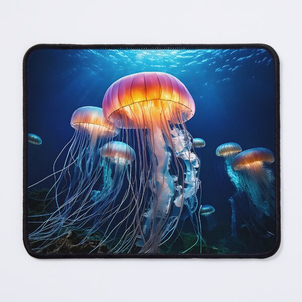 Item preview, A group of jellyfish with glowing orange caps float gracefully in the deep blue ocean, their long tentacles trailing in the water designed and sold by homydesign.