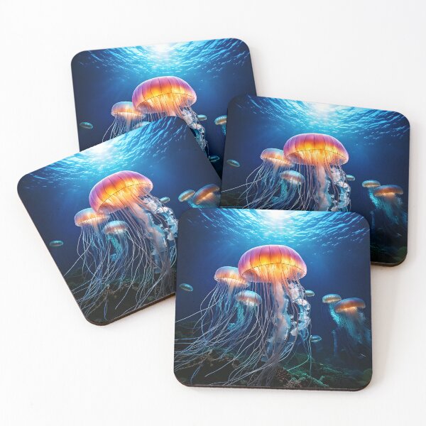 Item preview, A group of jellyfish with glowing orange caps float gracefully in the deep blue ocean, their long tentacles trailing in the water designed and sold by homydesign.