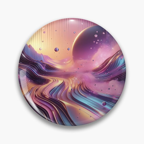 Item preview, Surreal landscape with flowing metallic waves, spheres, and glowing geometric shapes in pink and blue designed and sold by homydesign.