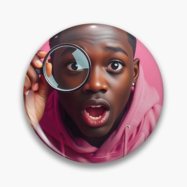 Item preview, Surprised young man looks through magnifying glass with wide open mouth, pink background close up studio shot image designed and sold by homydesign.