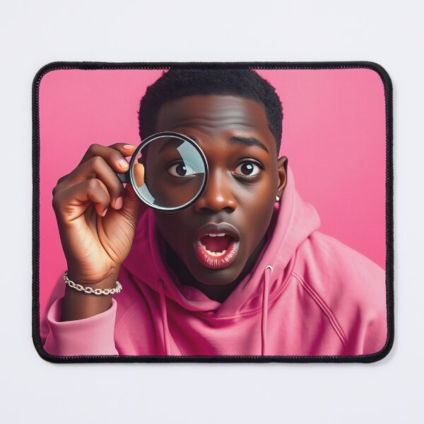 Item preview, Surprised young man looks through magnifying glass with wide open mouth, pink background close up studio shot image designed and sold by homydesign.