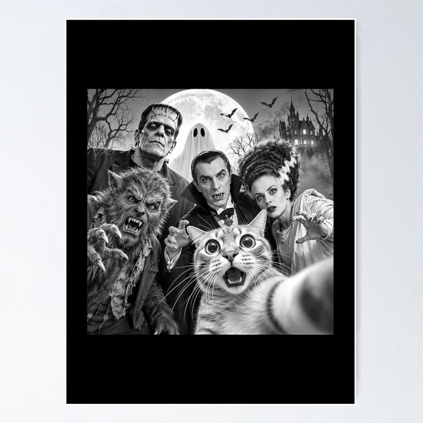 Item preview, Cat Selfie With Halloween Monsters frankenstein , bride of frankenstein , werewolf, dracula designed and sold by BalouEdison.