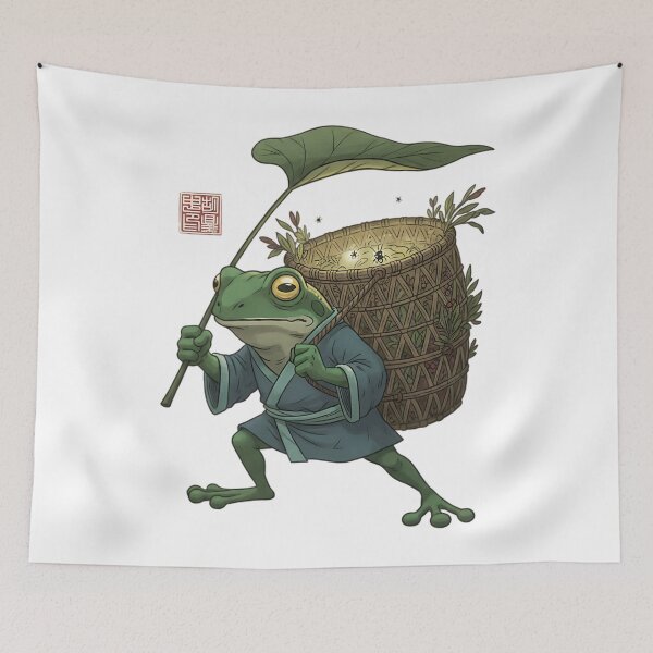 Item preview, Whimsical Japanese Frog Monk Wandering With Leaf Umbrella designed and sold by LexaArtworks.