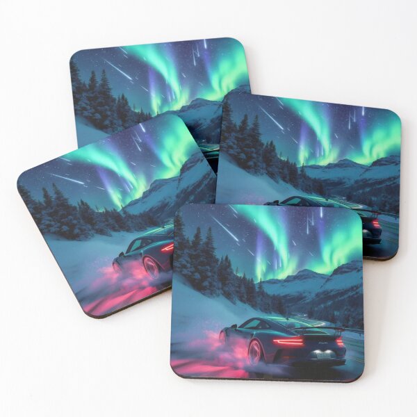 Artikelvorschau, Apex Drift Intense Aurora Rennwagen-Poster, Hochgeschwindigkeits-Sportcoupé unter leuchtenden Nordlichtern, Neonreflexionen und dramatischer arktischer Nachtkulisse entworfen und verkauft von PaintedPixels01.