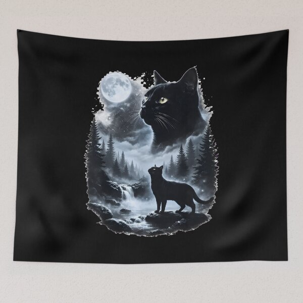 Item preview, Celestial Black Cat Moonlit Forest Waterfall Art designed and sold by OlyvieArt.
