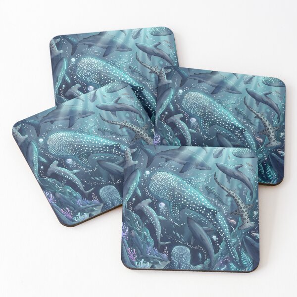 Item preview, Monochrome Blue Watercolour Bioluminescent Shark Ocean Marine Life designed and sold by LexaArtworks.