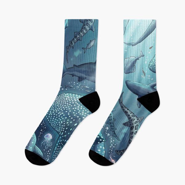 Item preview, Monochrome Blue Watercolour Bioluminescent Shark Ocean Marine Life designed and sold by LexaArtworks.