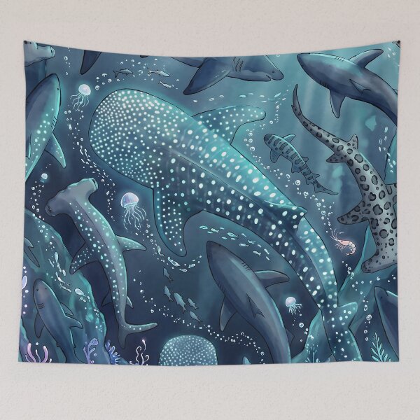 Item preview, Monochrome Blue Watercolour Bioluminescent Shark Ocean Marine Life designed and sold by LexaArtworks.