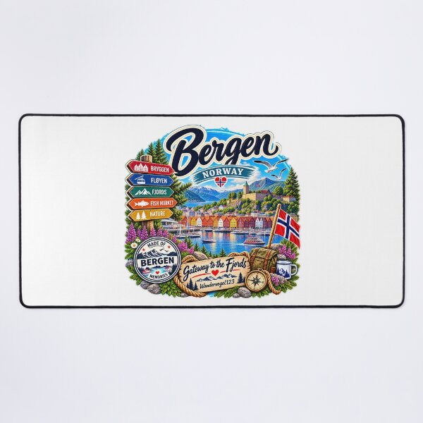 Aperçu de l'œuvre Bergen Norvège – Bryggen Fløyen et les fjords norvégiens Design vintage créée et vendue par Wandervogel123.