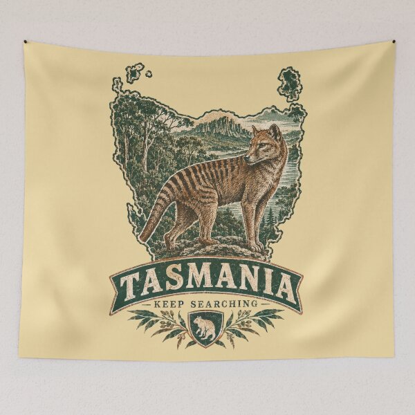 Item preview, Tasmania Keep Searching Thylacine Map Vintage Badge designed and sold by Yellowriversss.