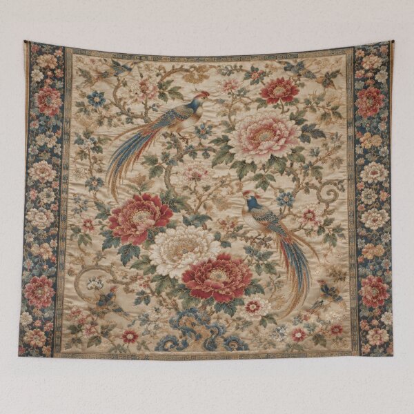 Item preview, Antique Chinese Silk Floral Birds Rug - Vintage Oriental Peony Carpet Art designed and sold by GrinGalore.