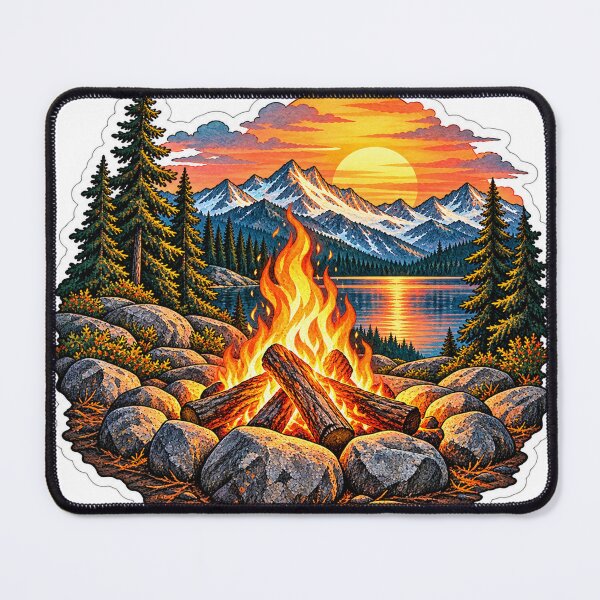 Item preview, Campfire by the mountain lake, sunset, camping, hiking, nature designed and sold by LongIslandDesgn.