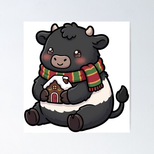 Item preview, Cute Christmas Belted Galloway Cow Hugging a Gingerbread House designed and sold by pumsquare.