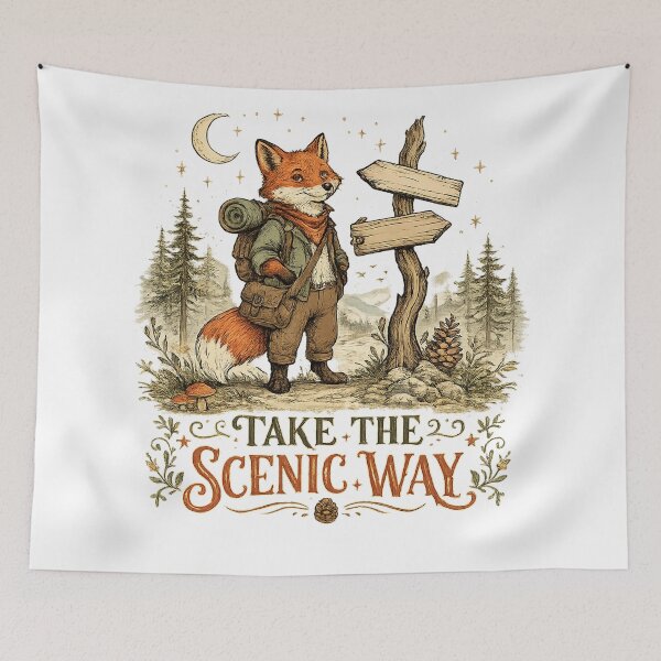 Item preview, Take the Scenic Way Fox Hiker Woodland Adventure Cottagecore Design designed and sold by inkoutninja.