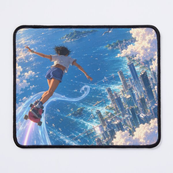 Item preview, Sky Surfing Above the Clouds – Dreamy Anime Cityscape designed and sold by H-Tsvetkova.