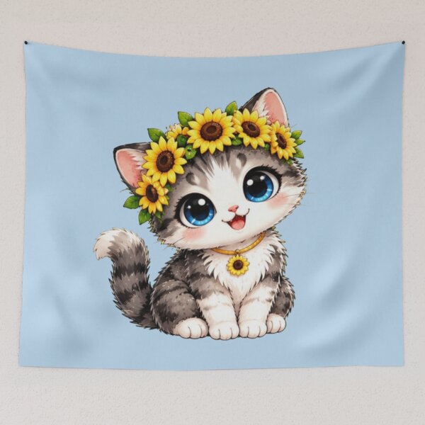 Item preview, Cute Kawaii Kitten with Sunflowers – Floral Cat designed and sold by MushArtist.