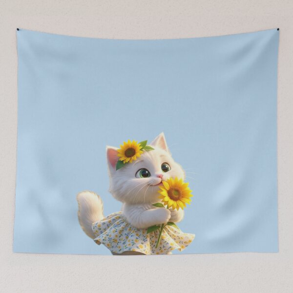 Item preview, Cute Kawaii Kitten with Sunflowers – Floral Cat designed and sold by MushArtist.