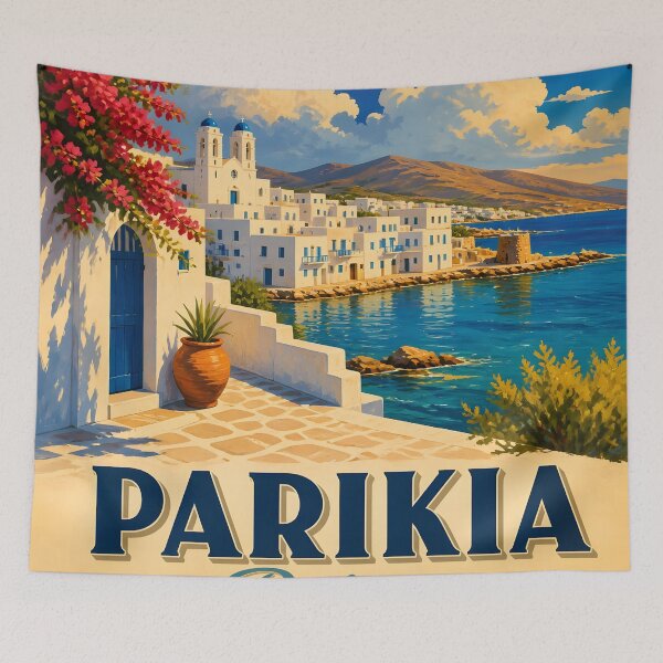 Item preview, Parikia Paros Greece – Vintage Seafront Travel Poster designed and sold by LSVart.