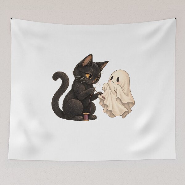 Item preview, Cute Black Cat Sewing Friendly Ghost designed and sold by UvooArt.