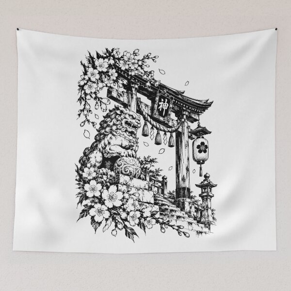 Item preview, Monochrome Shrine Gate and Guardian Lion designed and sold by bapupa.
