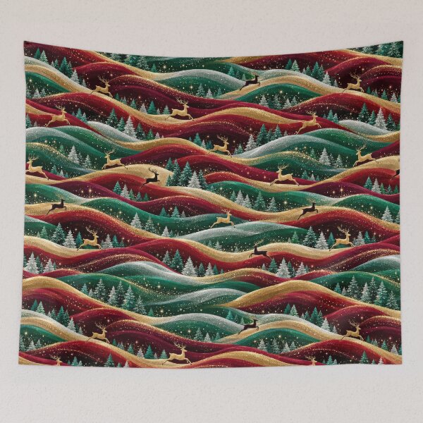 Item preview, Reindeer Winter Waves Forest Christmas Emerald Gold Pattern designed and sold by Panadis.