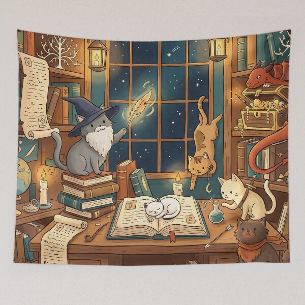 Item preview, Wizard Cats Fantasy Library Study – Whimsical Cozy Magic designed and sold by LexaArtworks.