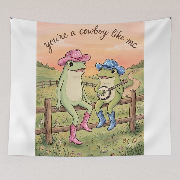 Item preview, You’re a Cowboy Like Me Cute Frog Duet Sunset Illustration designed and sold by LexaArtworks.