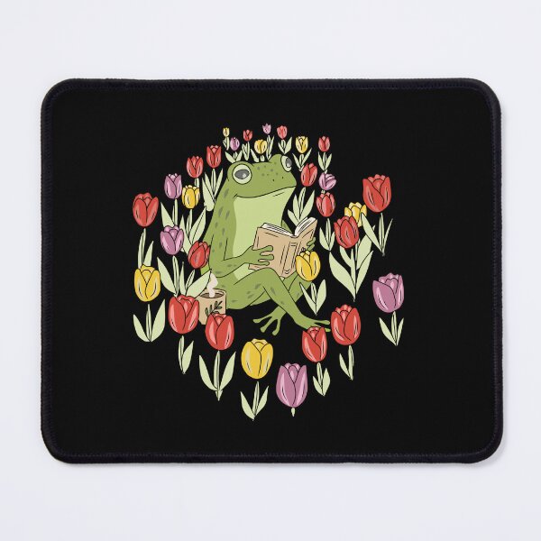 Item preview, Frog Drinking Coffee and Reading Book in Tulips Cottagecore Illustration designed and sold by LeshanArt.