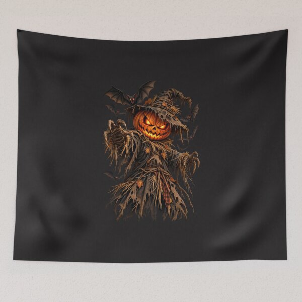 Item preview, Terrifying Pumpkin Scarecrow with Evil Bats – Halloween Horror designed and sold by Les-Ink-Studio.