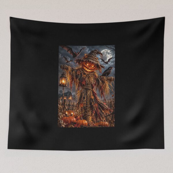 Item preview, Terrifying Pumpkin Scarecrow with Evil Bats – Halloween Horror designed and sold by Les-Ink-Studio.
