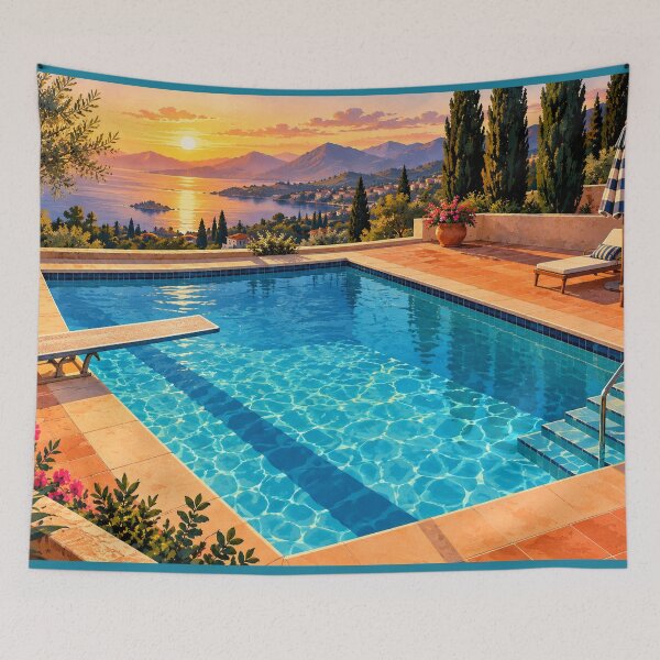 Item preview, After the Last Swim – Mediterranean Poolside Sunset Art designed and sold by astersgraphics.