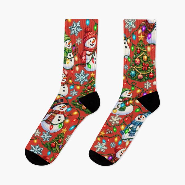 Item preview, Snowman & Christmas Tree Pattern – Colourful Festive Lights designed and sold by Island Pace Design.