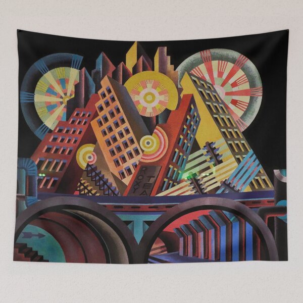 Item preview, City skyline in blue, Tower of Babel Italian futurist modern art landscape painting by Fortunato Depero designed and sold by Jéanpaul  Ferro.