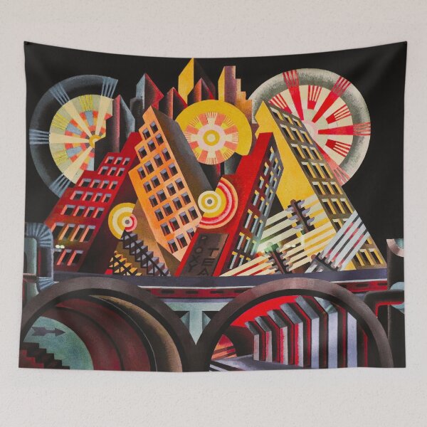 Item preview, City skyline in red and gold, Tower of Babel Italian futurist modern art landscape painting by Fortunato Depero designed and sold by Jéanpaul  Ferro.