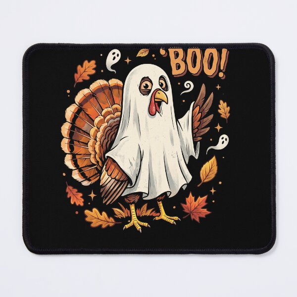 Item preview, Funny Ghost Costume Turkey with Autumn Leaves and Orange Halloween BOO Lettering designed and sold by ArcaneArtistry.