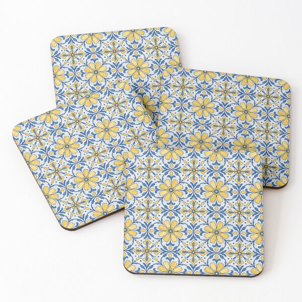 Item preview, Yellow Flowers Blue Scroll Pattern | Mediterranean Watercolor Pattern designed and sold by Mellowtint Studio.