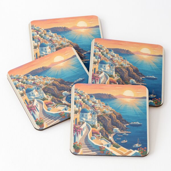 Item preview, Greece Santorini Aegean Jewel Vintage Harbor Sunset Travel Poster designed and sold by @SHINTOSARTSTORE.