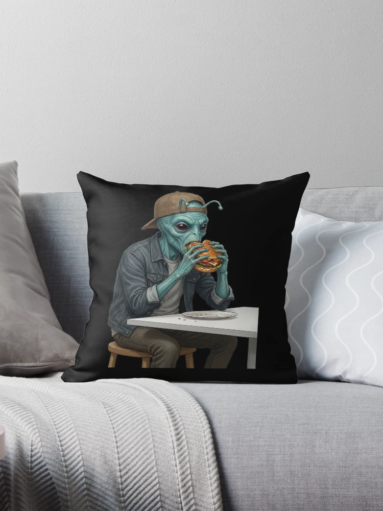 Thumbnail 1 of 4, Pillow, Alien eats burger designed and sold by ReneMM.