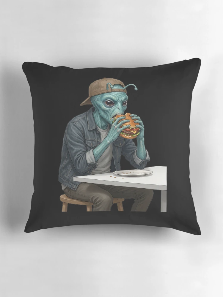 Thumbnail 3 of 4, Pillow, Alien eats burger designed and sold by ReneMM.